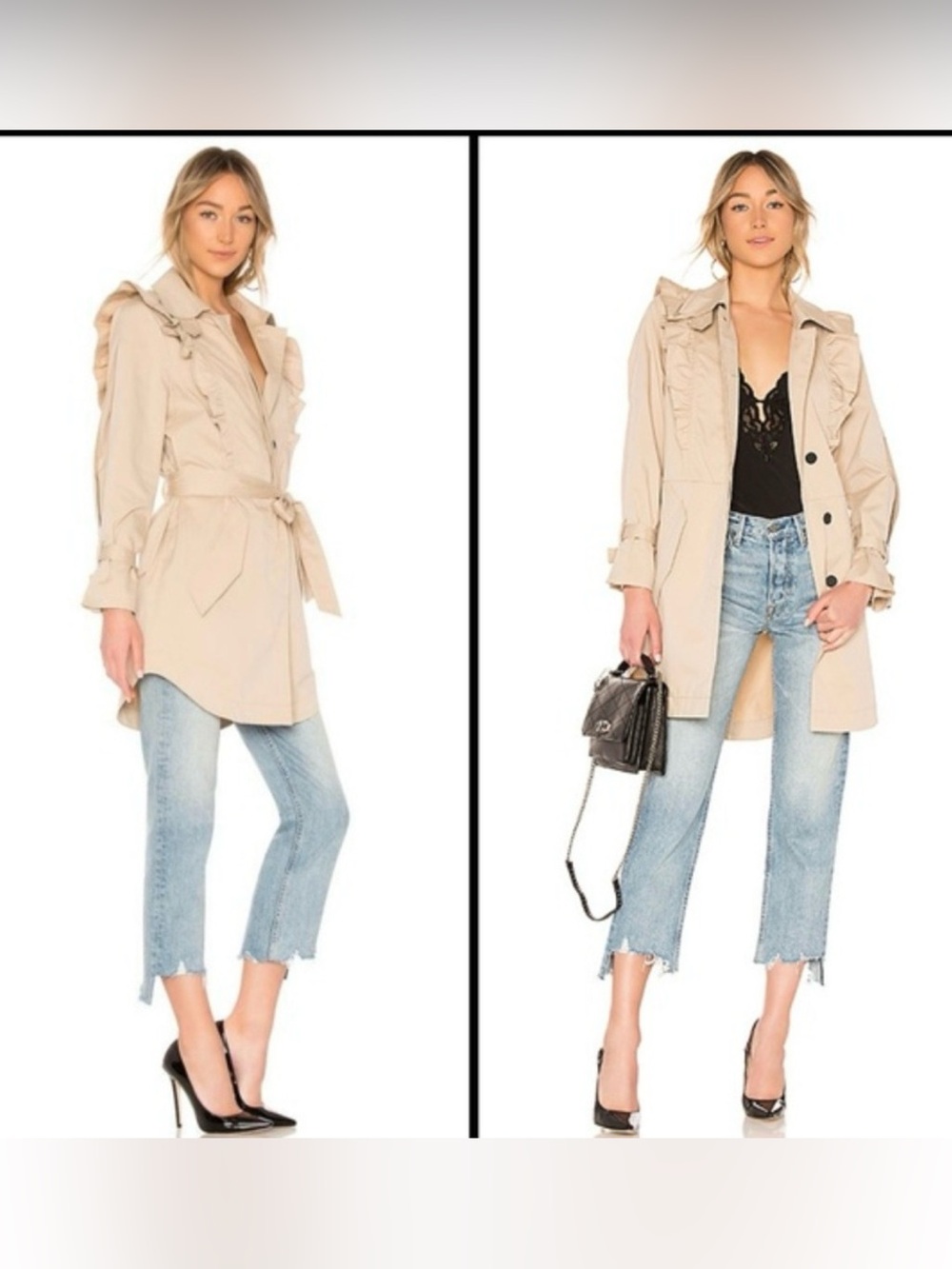 Elegant Joie Tan Ruffle-Trim Trench Coat